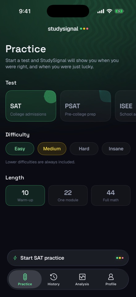 The iPhone app's Practice screen: pick a test, difficulty, and length