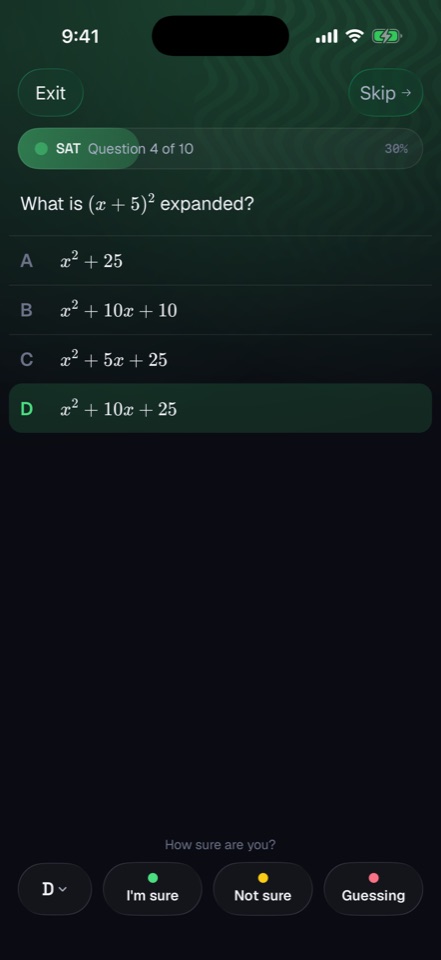 A quiz question on iPhone, answer staged, with the three confidence buttons